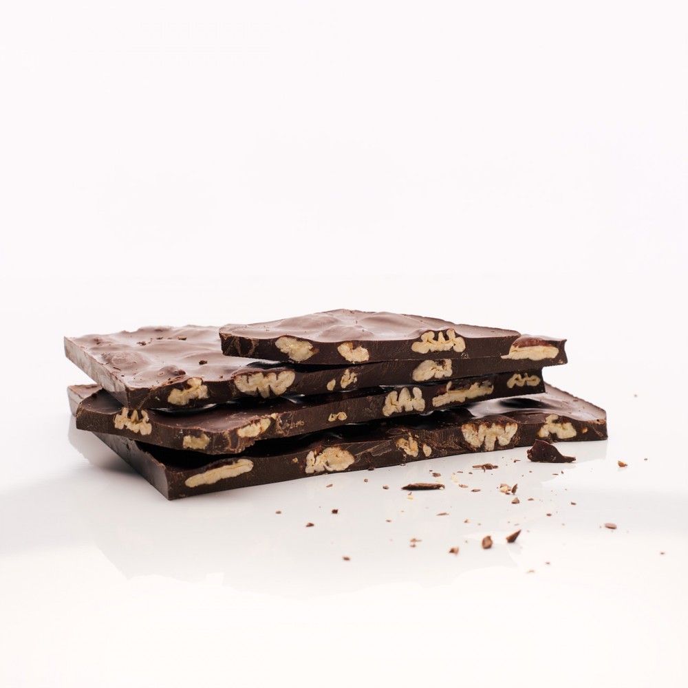 Rajola trencadís xocolata negra 70% i nous pecanes acaramel·lades